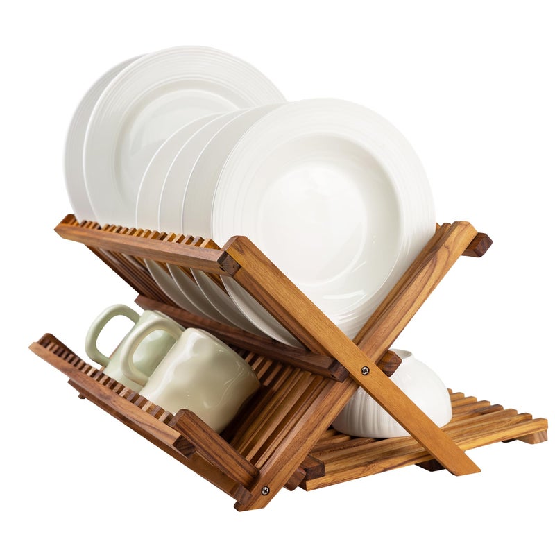 Utoplike Large Teak Dish Drying Rack, Wooden 3 Tier Collapsible Dish Draine for Countertop, Kitchen Organizer for Pasta Plates, Cups - Image 1