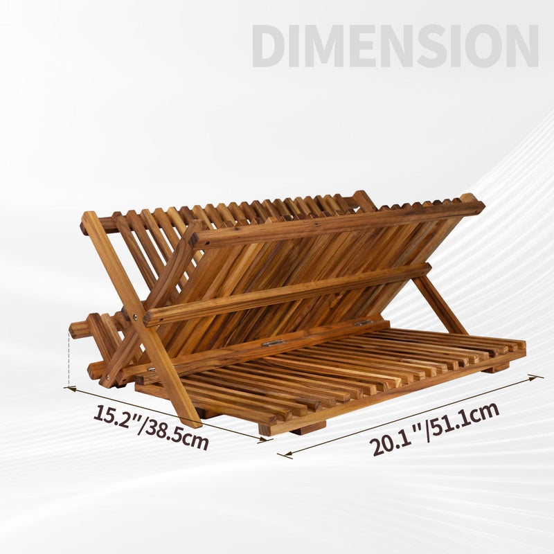 Utoplike Large Teak Dish Drying Rack, Wooden 3 Tier Collapsible Dish Draine for Countertop, Kitchen Organizer for Pasta Plates, Cups - Image 4
