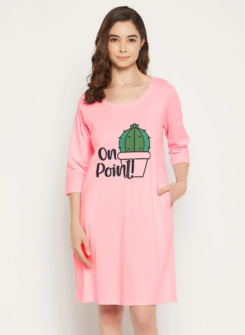 Clovia Clovia Cactus Print Short Nighty in Baby Pink - 100% Cotton