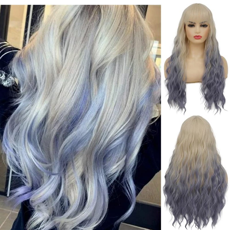 Swiking Blonde Ombre Blue Curly Women Wigs with Bangs Wave Long Blonde Synthetic Hair Cosplay Daily Natural Full Wig