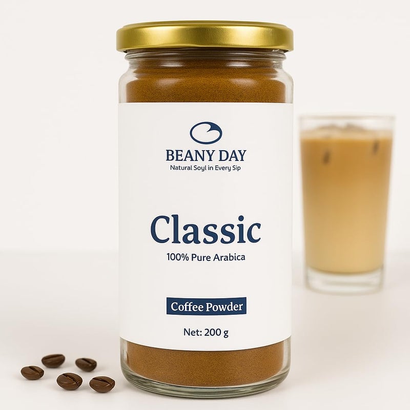 Beany Day مسحوق قهوة بياني داي الكلاسيكي 200 جرام | قهوة سريعة التحضير قوية مع 100% أرابيكا نقية | مسحوق قهوة بنكهة للقهوة السوداء، القهوة الباردة وكابتشينو - Image 1