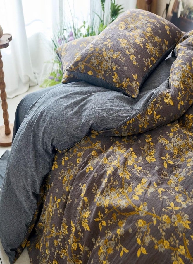 mixinni Vintage Floral Duvet Cover Queen Set - Gold Jacquard & Grey Reversible, 100% Yarn-Dyed Double-Layer Cotton, Breathable & Luxurious Farmhouse Bedding (3-Piece, Includes 2 Pillowcases) - Image 5