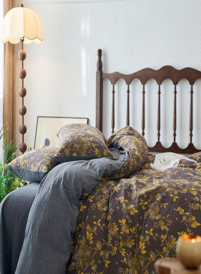 mixinni Vintage Floral Duvet Cover Queen Set - Gold Jacquard & Grey Reversible, 100% Yarn-Dyed Double-Layer Cotton, Breathable & Luxurious Farmhouse Bedding (3-Piece, Includes 2 Pillowcases) - Image 4