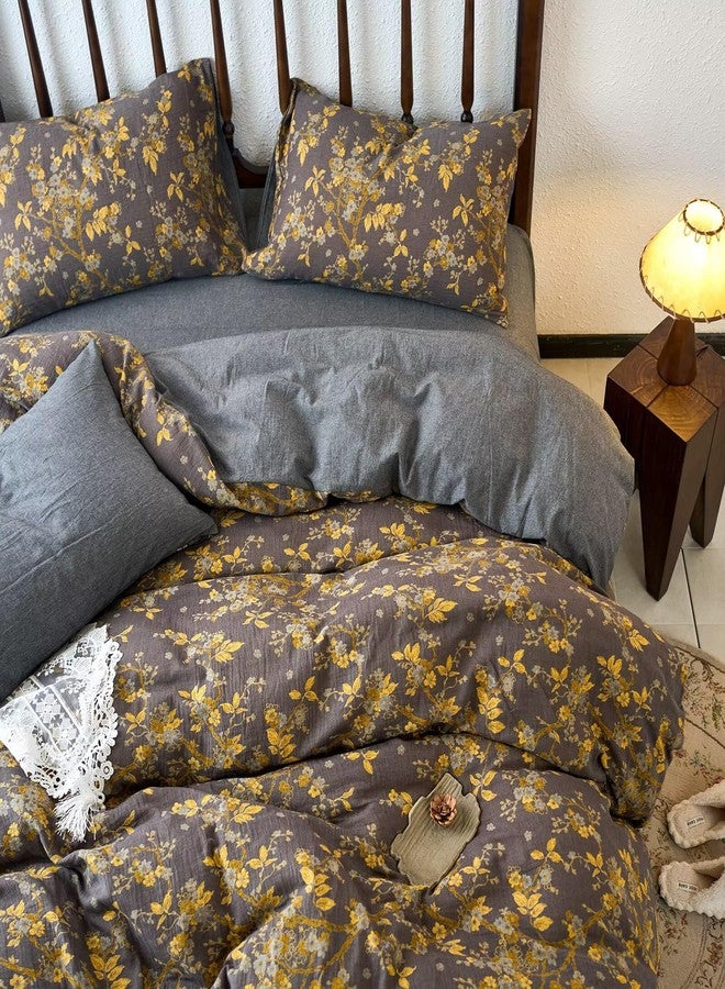 mixinni Vintage Floral Duvet Cover Queen Set - Gold Jacquard & Grey Reversible, 100% Yarn-Dyed Double-Layer Cotton, Breathable & Luxurious Farmhouse Bedding (3-Piece, Includes 2 Pillowcases) - Image 3