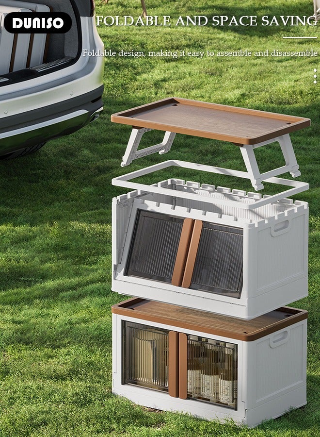 DUNISO صندوق تخزين قابل للطي للتخييم، حاوية تخزين خارجية بغطاء خشبي، حاوية تخزين بلاستيكية قوية، صندوق تخزين طاولة نزهة 2 في 1 مع لوح طاولة بيض خشبي، صندوق تخزين خفيف الوزن للسيارة، الألعاب، التخييم، النزهة - Image 5