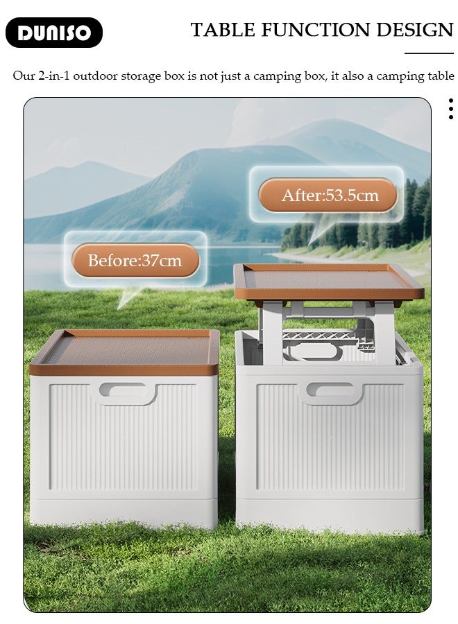 DUNISO صندوق تخزين قابل للطي للتخييم، حاوية تخزين خارجية بغطاء خشبي، حاوية تخزين بلاستيكية قوية، صندوق تخزين طاولة نزهة 2 في 1 مع لوح طاولة بيض خشبي، صندوق تخزين خفيف الوزن للسيارة، الألعاب، التخييم، النزهة - Image 3