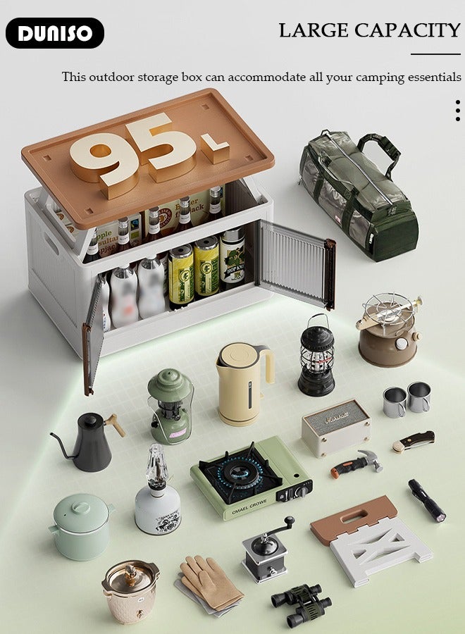 DUNISO صندوق تخزين قابل للطي للتخييم، حاوية تخزين خارجية بغطاء خشبي، حاوية تخزين بلاستيكية قوية، صندوق تخزين طاولة نزهة 2 في 1 مع لوح طاولة بيض خشبي، صندوق تخزين خفيف الوزن للسيارة، الألعاب، التخييم، النزهة - Image 2