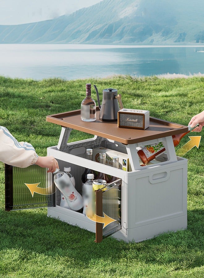 DUNISO صندوق تخزين قابل للطي للتخييم، حاوية تخزين خارجية بغطاء خشبي، حاوية تخزين بلاستيكية قوية، صندوق تخزين طاولة نزهة 2 في 1 مع لوح طاولة بيض خشبي، صندوق تخزين خفيف الوزن للسيارة، الألعاب، التخييم، النزهة - Image 1