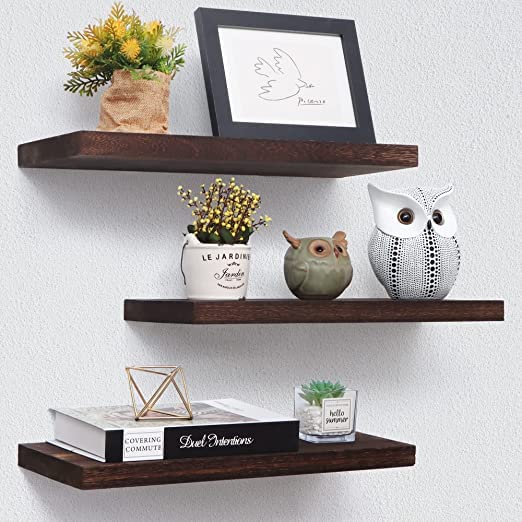 carpentray Floating Shelves 17 Inch Wall Shelf Set of 3 Rustic Wood Shelves for Wall Storage Wall Mounted Wooden Display Shelf for Bathroom Bedroom Kitchen Garage Rustic Brown - Image 1