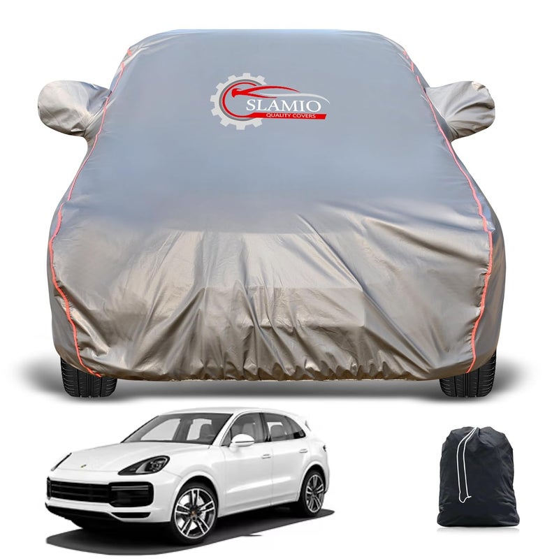 Slamio Heavy-Duty Car Body Cover for Porsche Cayenne | Waterproof, Dustproof, UV Protection, Custom Fit, Heavy Belt & Buckle with Mirror & Antenna Pocket | Dark Grey - Image 1