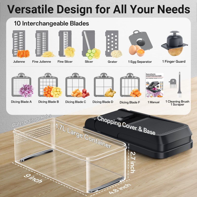 SpaceHacks 15-in-1 Vegetable Chopper, Kitchen Gadgets with 10 Blades, Veggie, Food, Onion Chopper, Cucumber Slicer, Versatile Mandoline, Includes Egg Separator & Finger Guard, Gray - Image 2