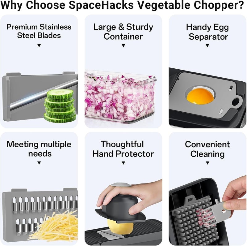 SpaceHacks 15-in-1 Vegetable Chopper, Kitchen Gadgets with 10 Blades, Veggie, Food, Onion Chopper, Cucumber Slicer, Versatile Mandoline, Includes Egg Separator & Finger Guard, Gray - Image 3