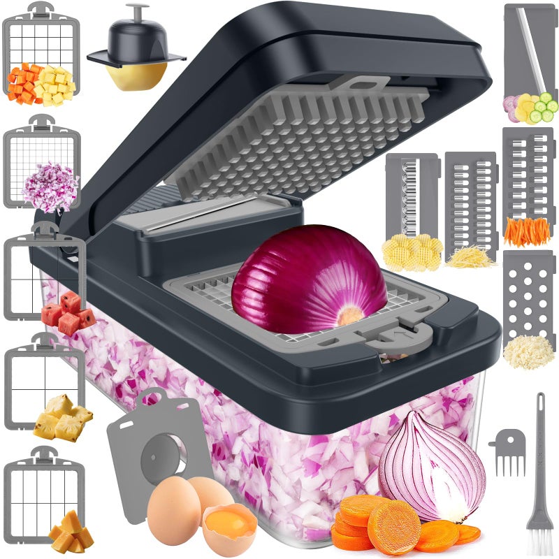 SpaceHacks 15-in-1 Vegetable Chopper, Kitchen Gadgets with 10 Blades, Veggie, Food, Onion Chopper, Cucumber Slicer, Versatile Mandoline, Includes Egg Separator & Finger Guard, Gray - Image 1