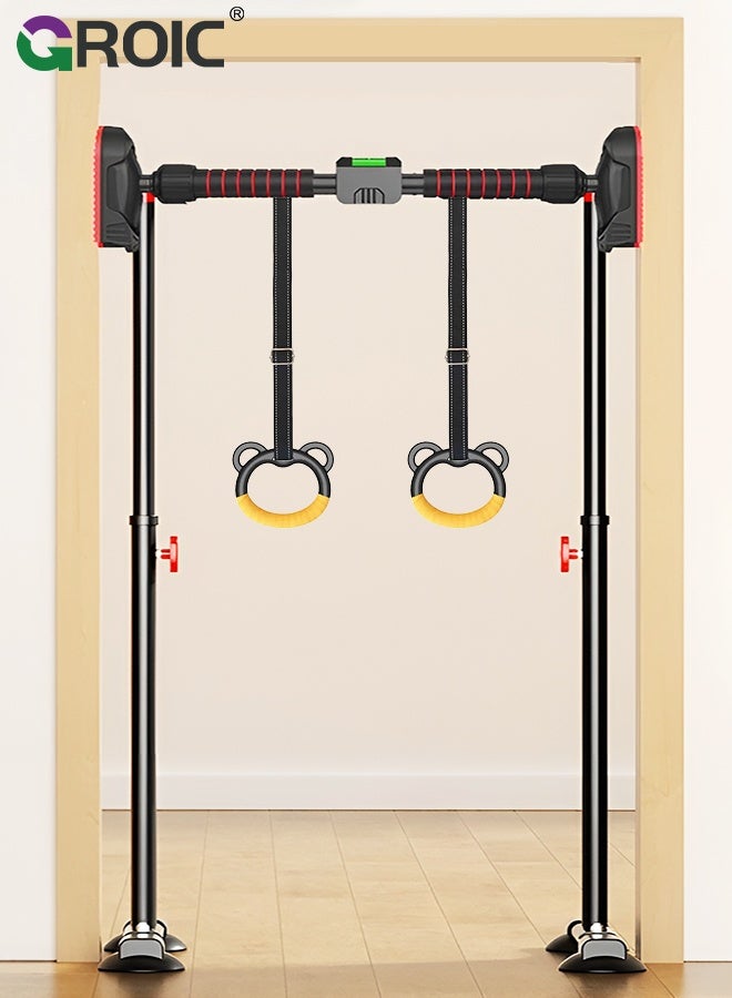 GROIC "Pull Up Bar, No-Drill Pull Up Bar with Gymnastic Rings, 96-135cm Adjustable Floor-to-Ceiling Chin Up Bar, Heavy-Duty Indoor Home Gym Equipment for Kids & Adults, Home Fitness Equipment, Chin Up Bar " - Image 1