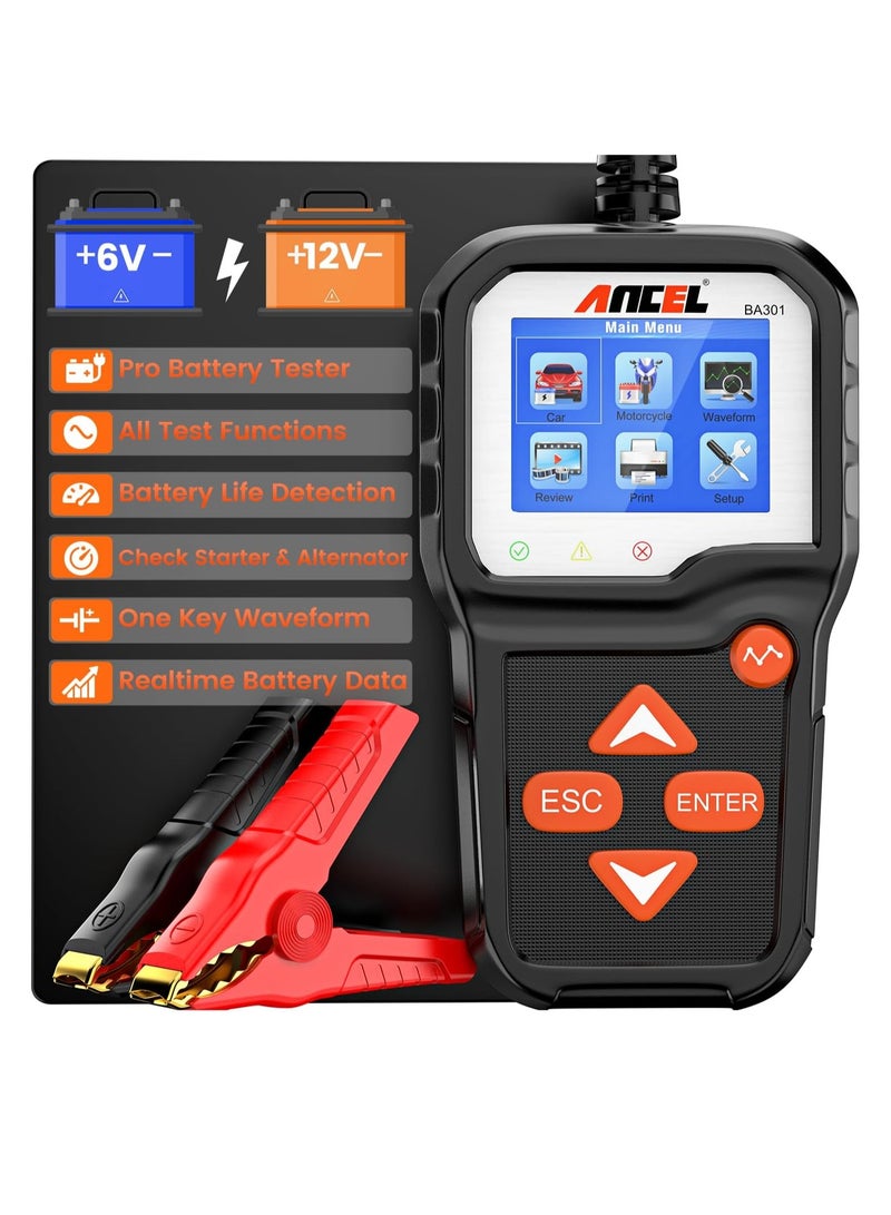 Ancel BA301 Battery Tester Car 6 V/12 V 100-2000 CCA Car Battery Tester Universal Battery Tester with Load Test Battery Charge Test Start Test Battery Tester Function for Cars Trucks ATV SUV Boat Moto  - Image 1