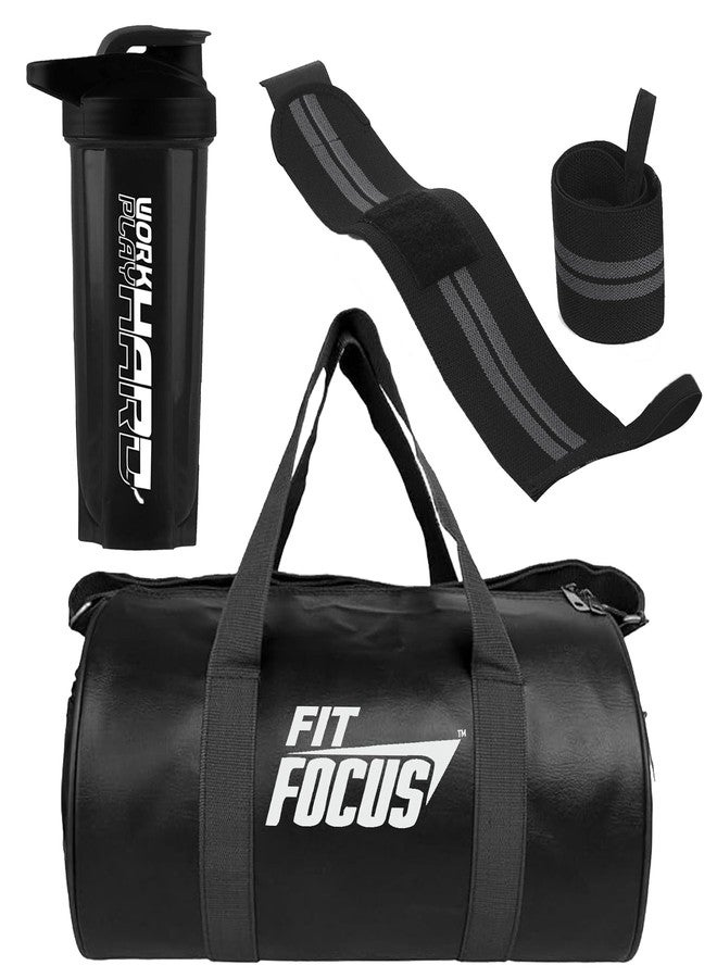 FIT FOCUS Gym Combo for Bag with Workhard Shaker Bottle & Gym Bag and Wrist Band|| Shaker Bottle 500 ml ||Shoulder Gym Bags| Wrist Support Gym Men and Women (Pack of 3) (Black) - Image 1