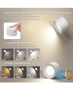 Milatech LED Wall Light, Wall Mount Light with Rechargeable Battery Powered 3 Color Temperatures and 3 Brightness Levels 360° Rotating Magnetic Ball, Cordless Wall Light for Bedside Reading - White  - Image 2