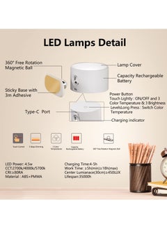 Milatech LED Wall Light, Wall Mount Light with Rechargeable Battery Powered 3 Color Temperatures and 3 Brightness Levels 360° Rotating Magnetic Ball, Cordless Wall Light for Bedside Reading - White  - Image 3