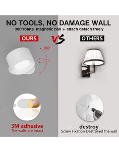 Milatech LED Wall Light, Wall Mount Light with Rechargeable Battery Powered 3 Color Temperatures and 3 Brightness Levels 360° Rotating Magnetic Ball, Cordless Wall Light for Bedside Reading - White  - Image 4