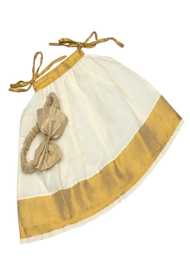 Picksparrow Baby Girl Kerala Kasavu Cotton Knee-Length, White Golden Frock/Traditional Dress/Ethnicwear With Headband (Plain, 0-6 Months) - Image 1