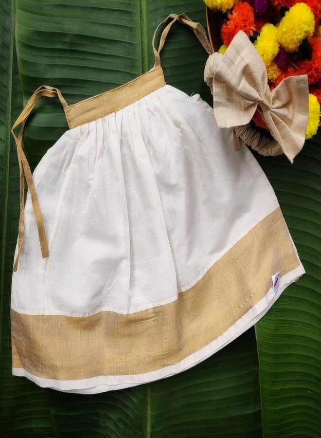 Picksparrow Baby Girl Kerala Kasavu Cotton Knee-Length, White Golden Frock/Traditional Dress/Ethnicwear With Headband (Plain, 0-6 Months) - Image 2