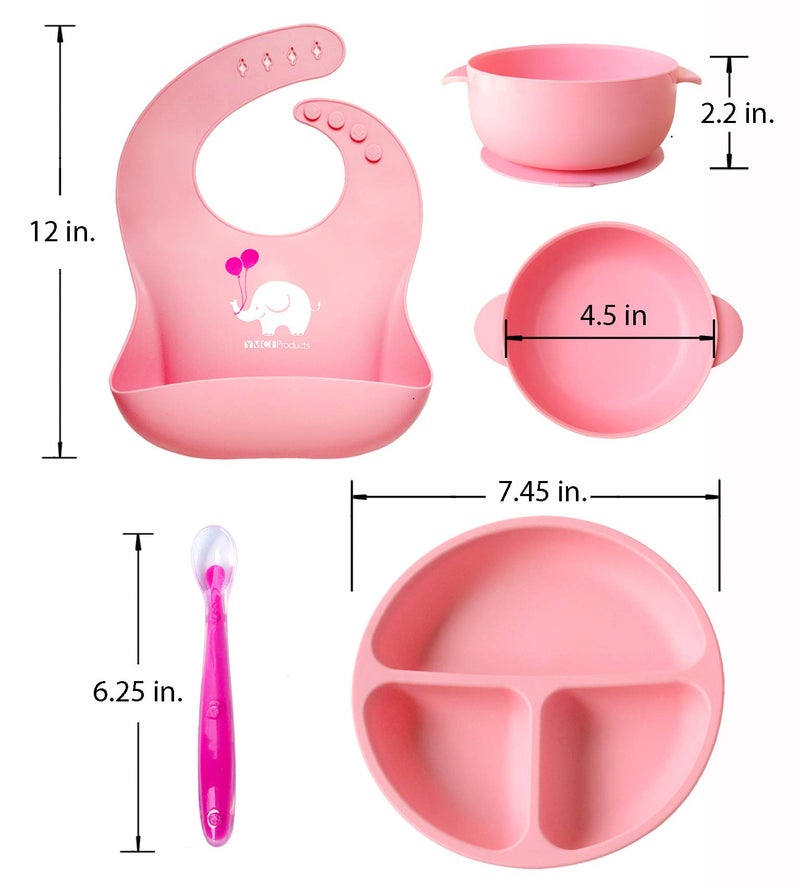 YMCF Products Baby or Toddler Feeding Set | Silicone Bib, Divided Plates, Suction Bowls & Spoons, Dishwasher-Safe, Easy-Wipe Cleaning (Pink) - Image 2