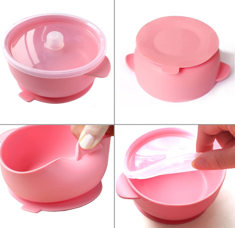 YMCF Products Baby or Toddler Feeding Set | Silicone Bib, Divided Plates, Suction Bowls & Spoons, Dishwasher-Safe, Easy-Wipe Cleaning (Pink) - Image 3