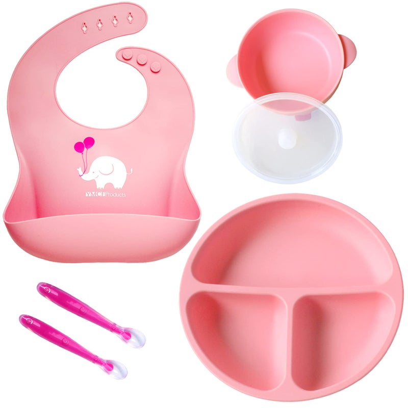 YMCF Products Baby or Toddler Feeding Set | Silicone Bib, Divided Plates, Suction Bowls & Spoons, Dishwasher-Safe, Easy-Wipe Cleaning (Pink) - Image 1