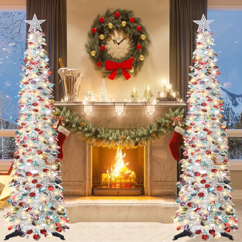 HMASYO 6 FT Pop Up Christmas Tree with 100 LED Timer Lights & Remote, Silver Christmas Tinsel Tree, Collapsible Artificial Pencil Tree for Home Office Party Decor, USB Powered, Easy Assembly - Image 5