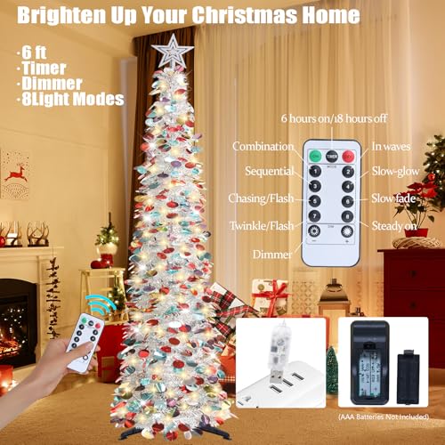 HMASYO 6 FT Pop Up Christmas Tree with 100 LED Timer Lights & Remote, Silver Christmas Tinsel Tree, Collapsible Artificial Pencil Tree for Home Office Party Decor, USB Powered, Easy Assembly - Image 4