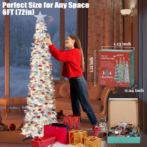 HMASYO 6 FT Pop Up Christmas Tree with 100 LED Timer Lights & Remote, Silver Christmas Tinsel Tree, Collapsible Artificial Pencil Tree for Home Office Party Decor, USB Powered, Easy Assembly - Image 3