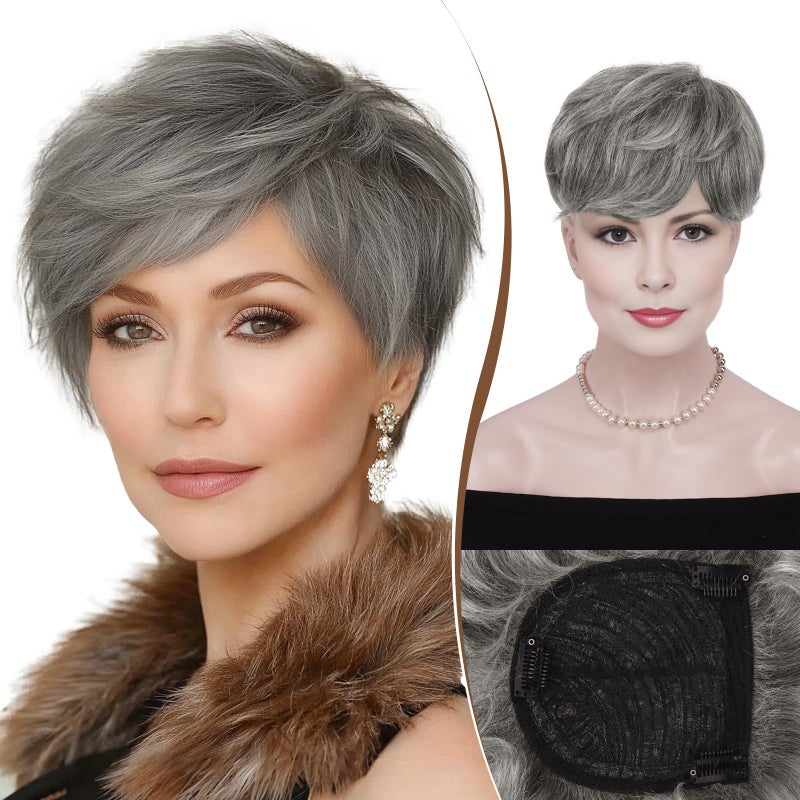 RUWISS Short Hair Toppers for Women Real Human Hair 5x55 Base Pixie Cut with Bangs ClipIn Curly Hair Pieces for Women with Thinning Hair Gray and White Tips - Image 2