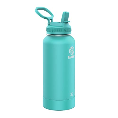 Takeya Pickleball Stainless Steel Insulated Water Bottle with Choice of Lid and Carry Handle, 32 Ounce, Dropshot Teal - Image 1