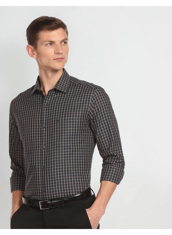 Arrow Men's Checkered Full Sleeve Slim Fit Cutaway Collar Cotton Formal Shirt Dark Grey - Image 2