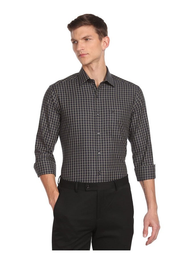 Arrow Men's Checkered Full Sleeve Slim Fit Cutaway Collar Cotton Formal Shirt Dark Grey - Image 1