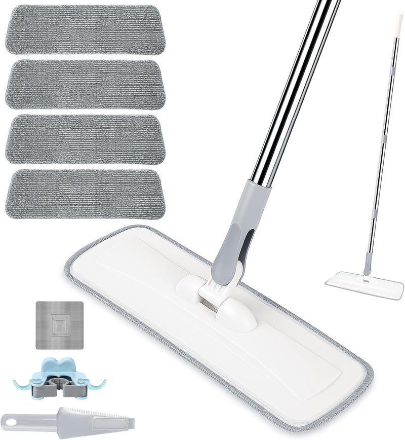 wlich Microfiber Mop for Cleaning Floors,55 Inch Extendable Flat Mop with 4 Reusable Washable Pads, 1 hook, 1 wall piece, and 1 scraper, Wet Dry and Dust Mops for Bathroom Kitchen, Floor,Ceramic Tiles - Image 1