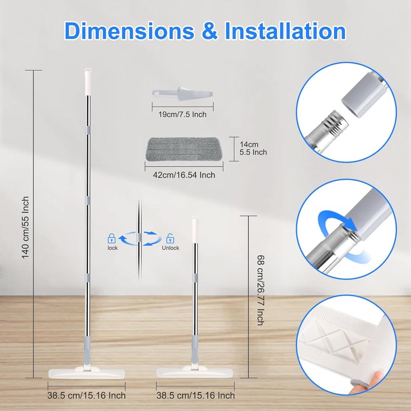 wlich Microfiber Mop for Cleaning Floors,55 Inch Extendable Flat Mop with 4 Reusable Washable Pads, 1 hook, 1 wall piece, and 1 scraper, Wet Dry and Dust Mops for Bathroom Kitchen, Floor,Ceramic Tiles - Image 2