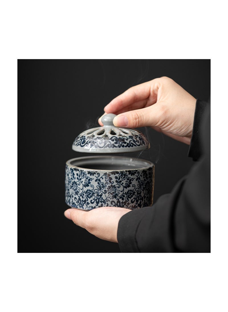 xozgdovg Ancient pottery clay incense burner blue and white lotus antique ceramic coil incense ornaments incense burner  - Image 1