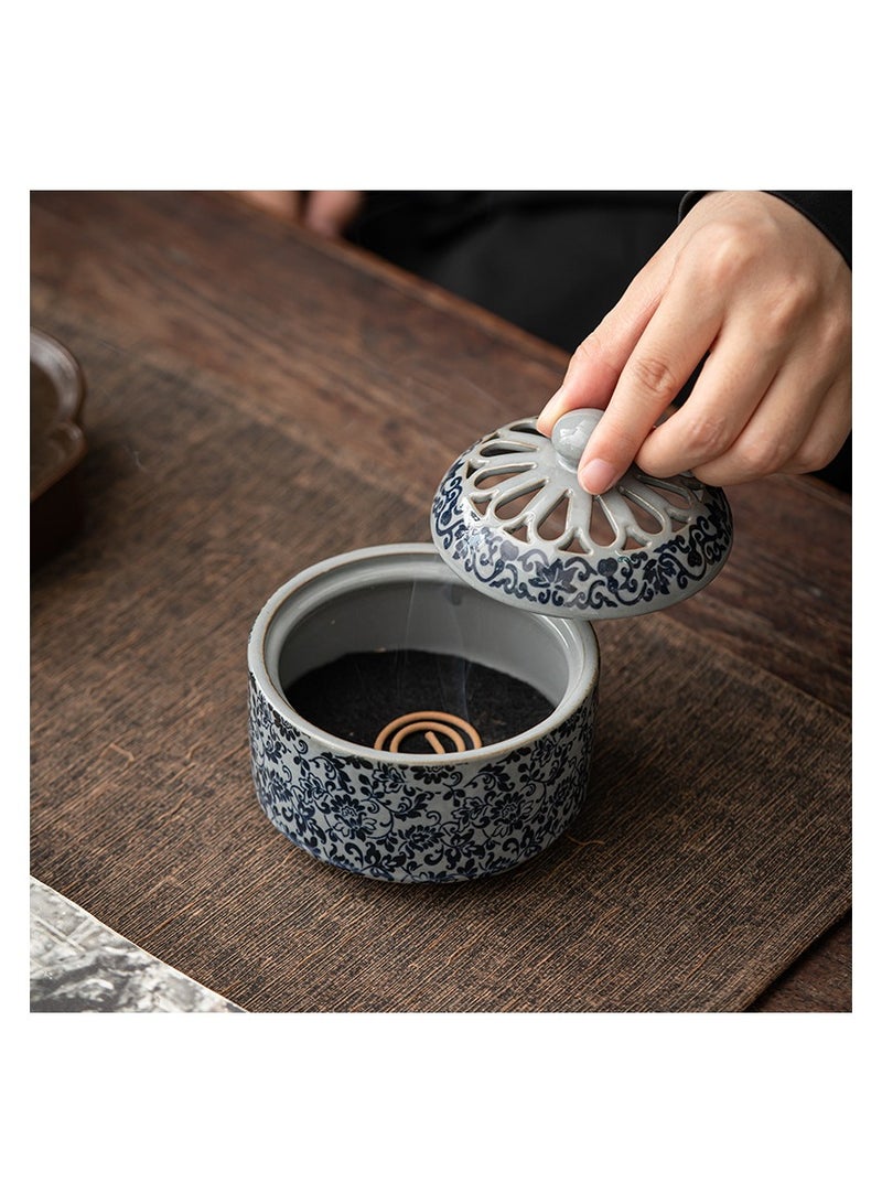 xozgdovg Ancient pottery clay incense burner blue and white lotus antique ceramic coil incense ornaments incense burner  - Image 2