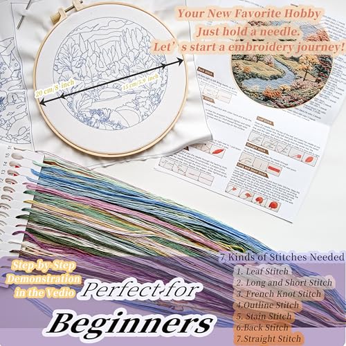 FONNUY 2 Set Embroidery Kit DIY for Adult Beginner, Pre-Stamped Patterns Mountain Sea Embroidery Kits with Hoop, Colored Threads and Needles, Easy to Follow Needlework (Boho Trees) - Image 5