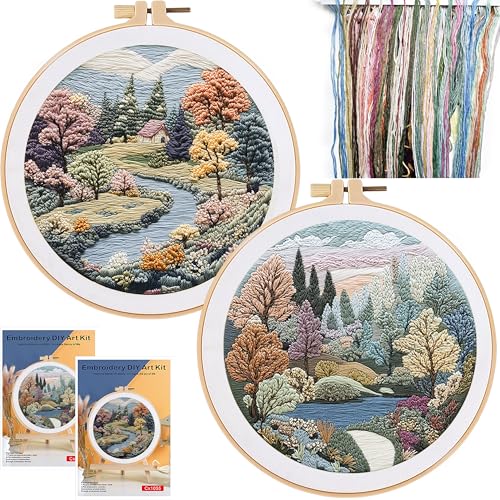 FONNUY 2 Set Embroidery Kit DIY for Adult Beginner, Pre-Stamped Patterns Mountain Sea Embroidery Kits with Hoop, Colored Threads and Needles, Easy to Follow Needlework (Boho Trees) - Image 1