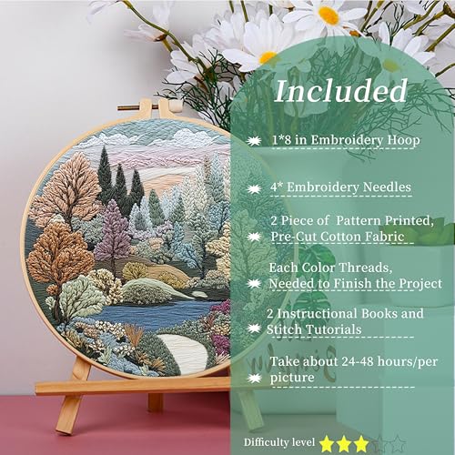 FONNUY 2 Set Embroidery Kit DIY for Adult Beginner, Pre-Stamped Patterns Mountain Sea Embroidery Kits with Hoop, Colored Threads and Needles, Easy to Follow Needlework (Boho Trees) - Image 4