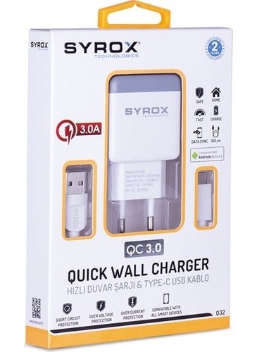 Syrox - Blackberry Keyone Compatible Type-C Input Fast Charger Set Adapter + Cable Q32 3.0A White - Image 1
