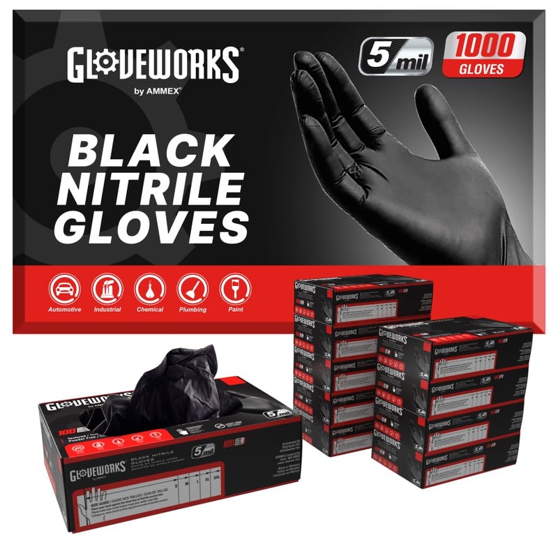 GLOVEWORKS Black Disposable Nitrile Industrial Gloves, 5 Mil, Silicone-Free, Latex & Powder-Free, Food-Safe, Textured, Large, 10 Boxes of 100 - Image 1