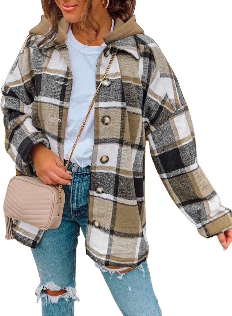 Shein SHEWIN Womens Fall Fashion 2025 Casual Plaid Hooded Flannel Shirts Casual Fall Long Sleeve Button Up Shacket Jacket Coat Fall TopsUS 1214LYellow