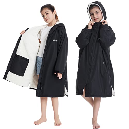 Hiturbo Warm Kids Swim Parka: Waterproof Changing Robe - Thick Fleece Lining - Oversize Swimming Coat - Hooded Surf Poncho (7-14Y, Black) - Image 1