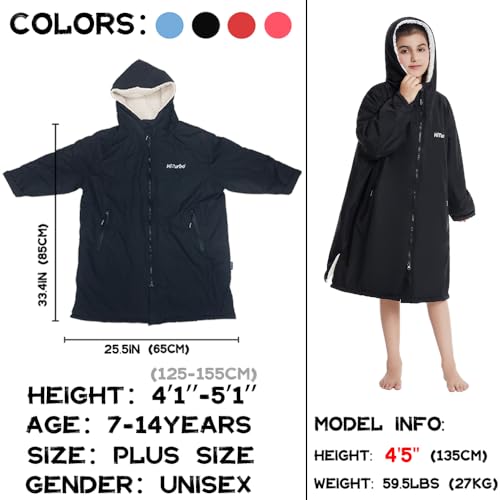 Hiturbo Warm Kids Swim Parka: Waterproof Changing Robe - Thick Fleece Lining - Oversize Swimming Coat - Hooded Surf Poncho (7-14Y, Black) - Image 2