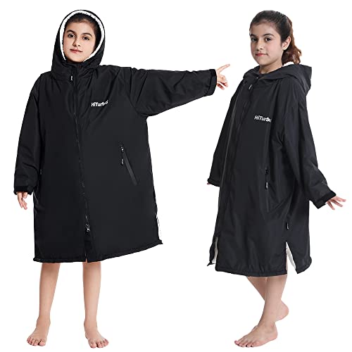 Hiturbo Warm Kids Swim Parka: Waterproof Changing Robe - Thick Fleece Lining - Oversize Swimming Coat - Hooded Surf Poncho (7-14Y, Black) - Image 5