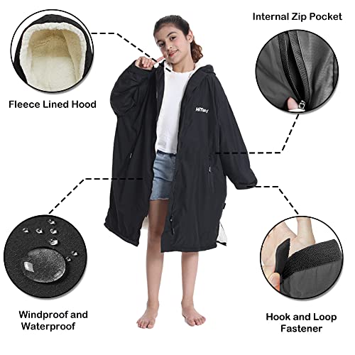 Hiturbo Warm Kids Swim Parka: Waterproof Changing Robe - Thick Fleece Lining - Oversize Swimming Coat - Hooded Surf Poncho (7-14Y, Black) - Image 4