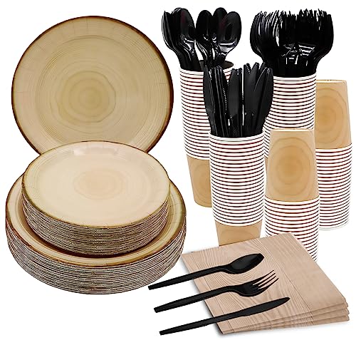 175Pcs Wood Grain Party Supplies Rustic Wood Slice Party Set 9 7Wood Plates Napkins Cup Knives Forks Spoons for Camp Fire Camping Woodland Animal Lumberjack Baby Shower Birthday Party Decor Serve25